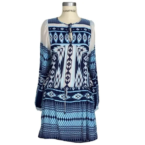 Hale Bob | Dresses | Hale Bob Madigan Womens Bluewhite Aztec Geometric  Print Long Sleeve Dress Sz L | Poshmark